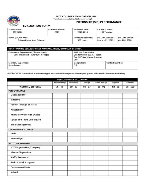 Internship (Sip) Performance Evaluation Form: Icct Colleges.